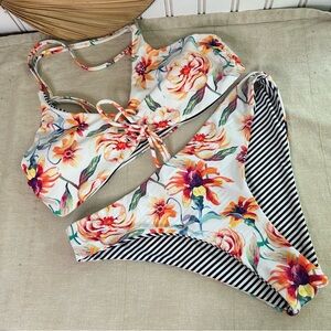 Cupshe Lace Up Reversible Bikini Bright Floral and Stripe Medium